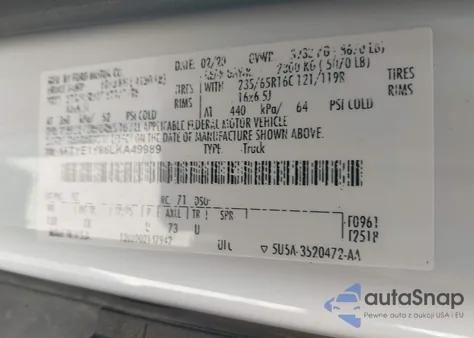 2020 Ford Transit-150 z USA, uszkodzony, nr VIN 1FTYE1Y86LKA49989